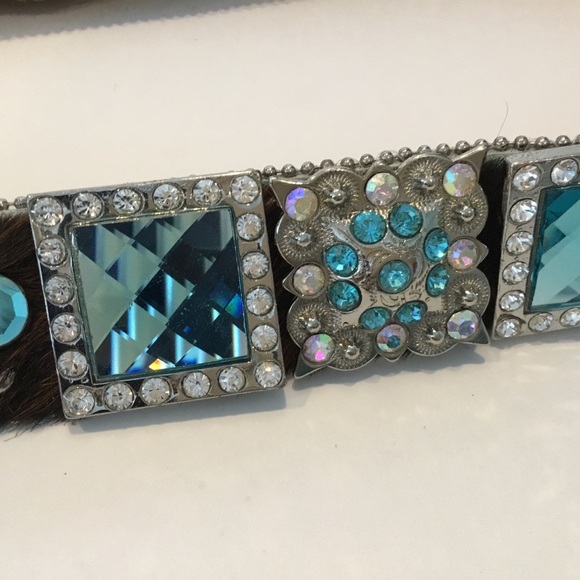 WB Atlas Belt Brown Pony Hair Teal Crystals Silver Tone Metal Size S main image 10